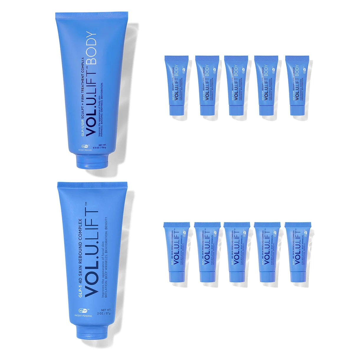 Blue tubes of 'VOLU:LIFT' body product on a white background