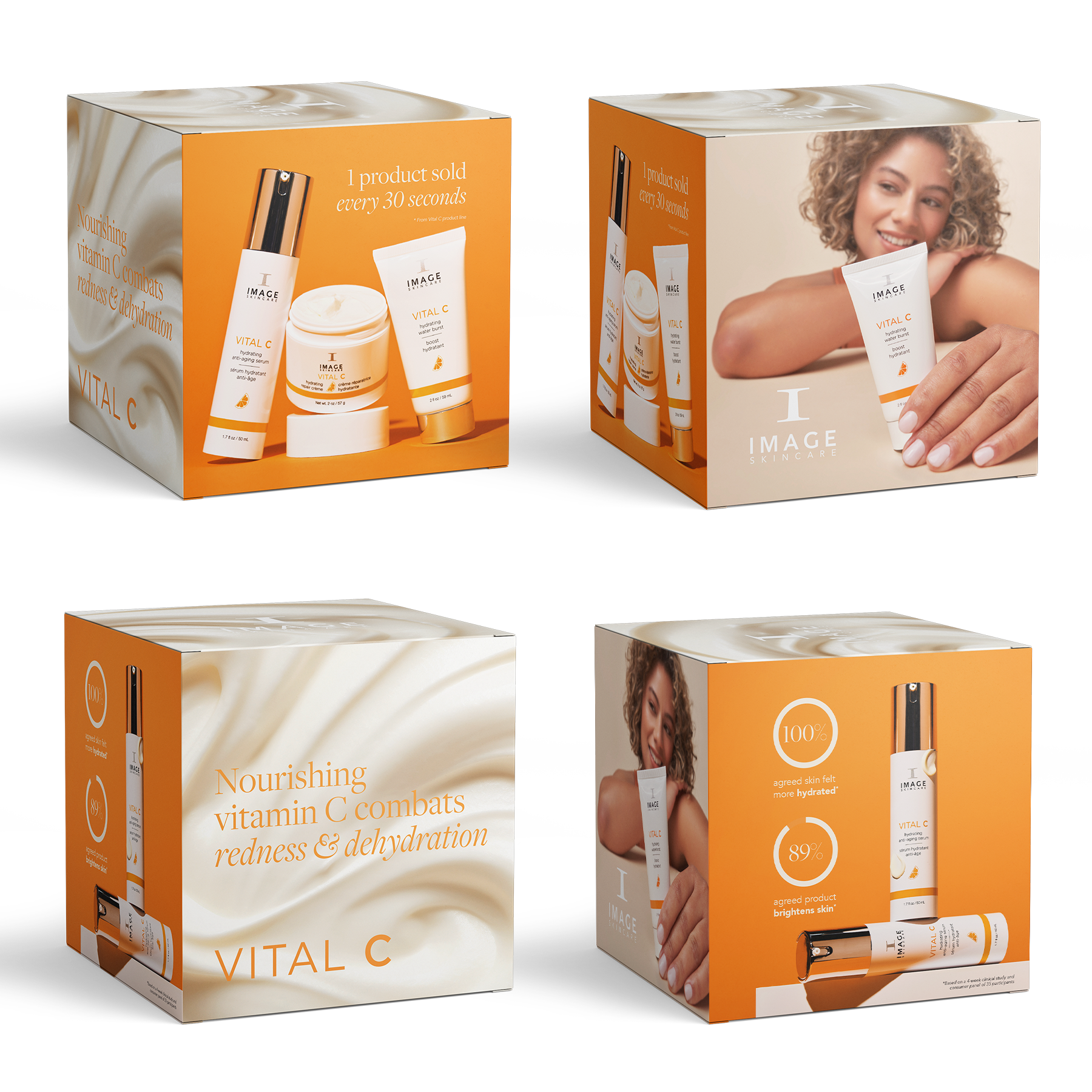Four boxes of Image skincare products with images of skincare items and a woman on a white background.