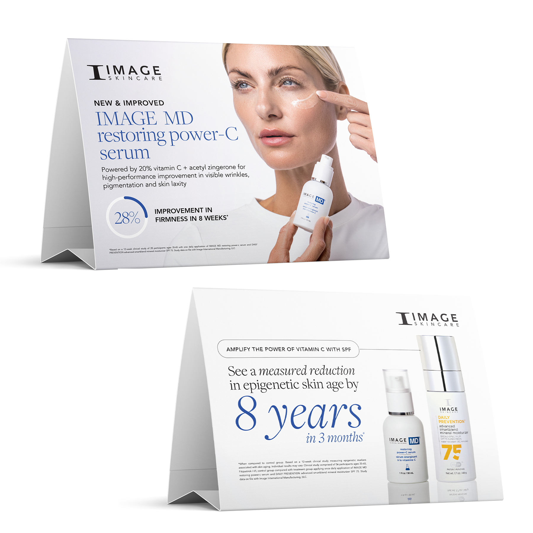 IMAGE Skincare product packaging with a woman applying serum on her face.
