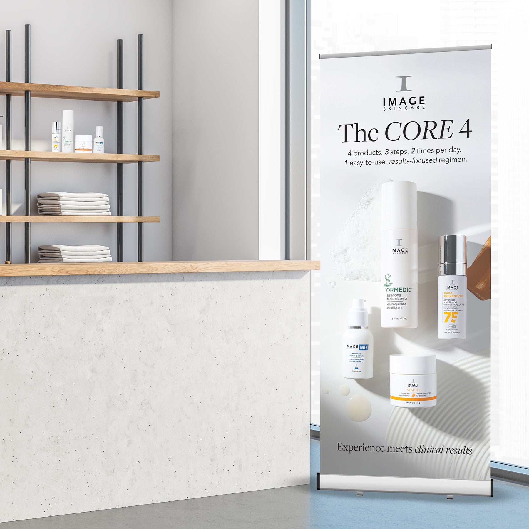 Roll-up banner for 'The CORE 4' skincare system in a modern interior setting.