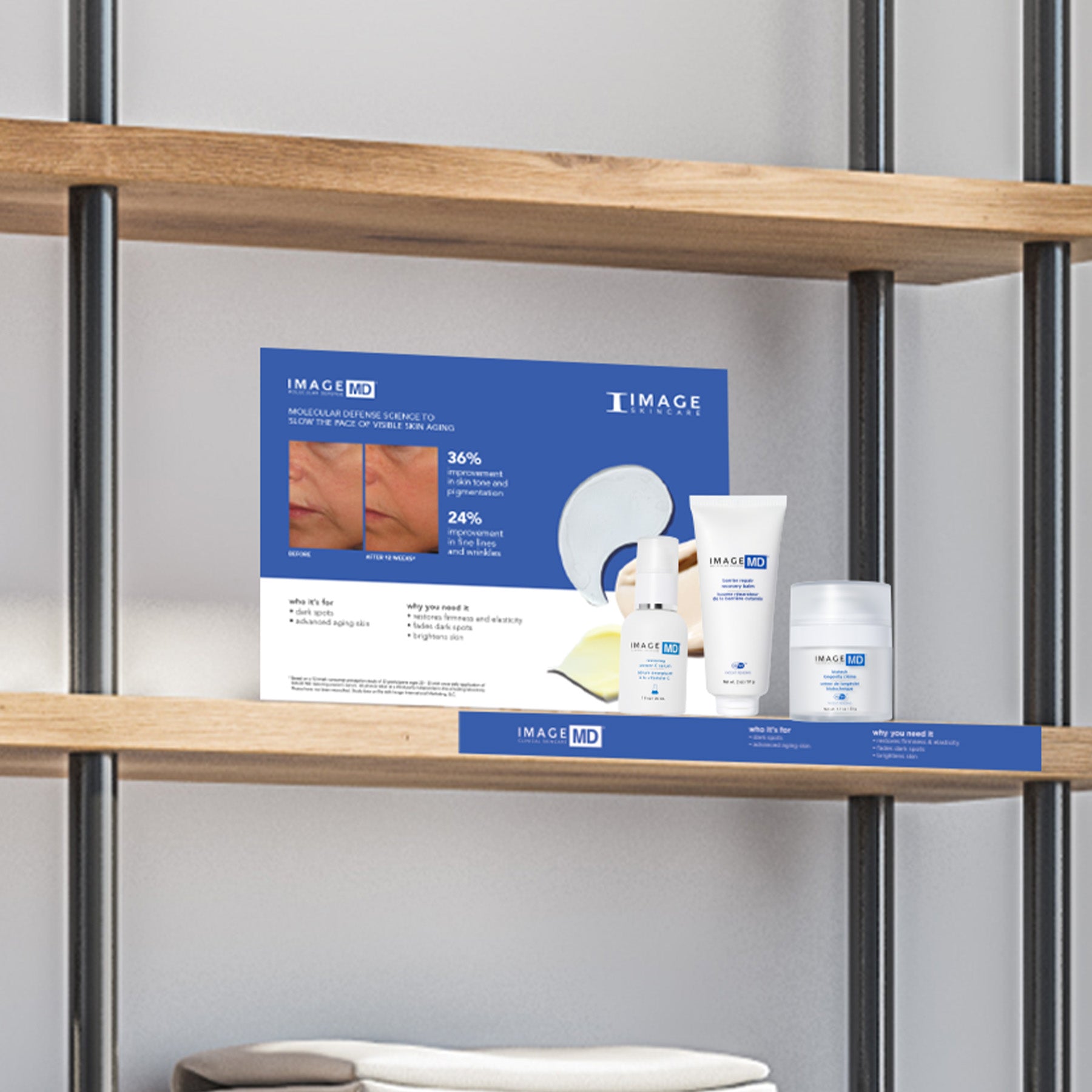 Shelf with skincare products and packaging on a gray wall background