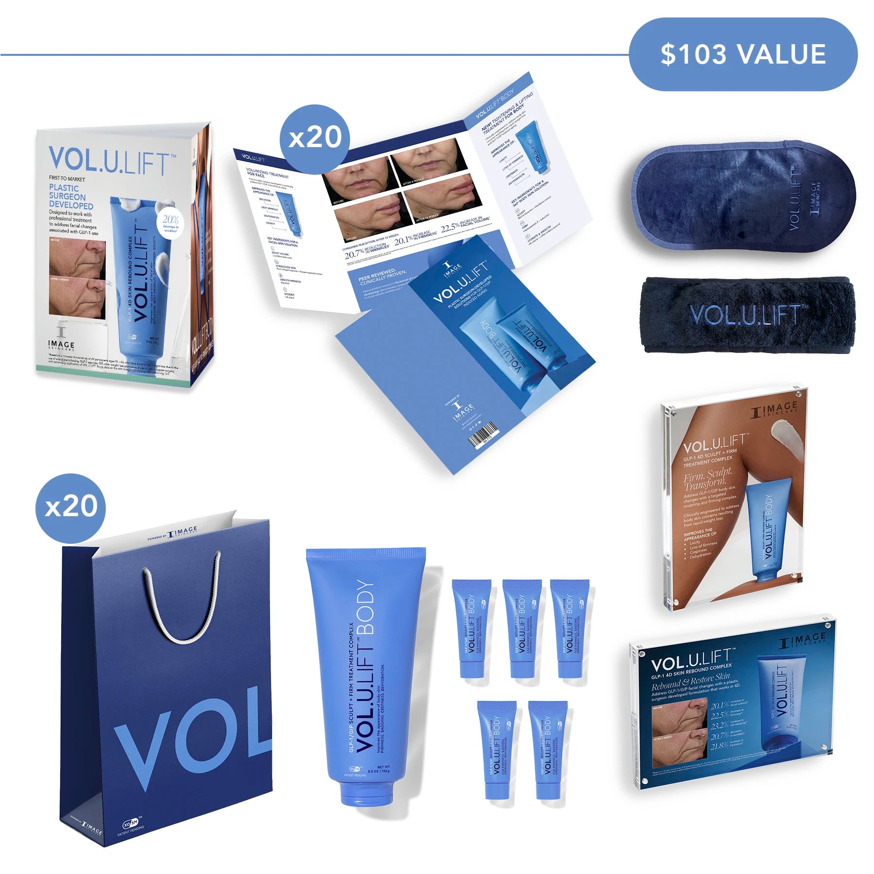 VOLULIFT skincare product set with packaging and accessories on a white background