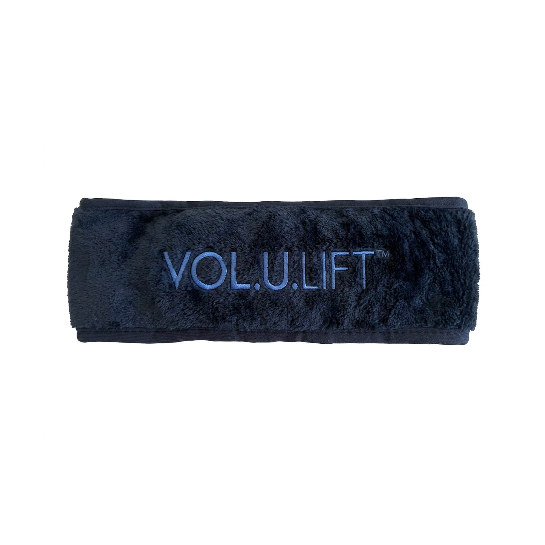 Black headband with 'VOL.U.LIFT' embroidery on a white background