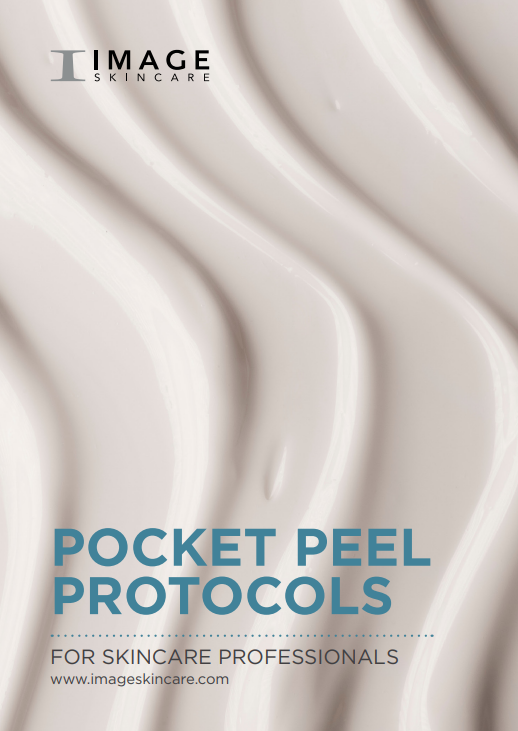 Cover of 'Pocket Peel Protocols' for skincare professionals by IMAGE Skincare with a close-up of skincare product.