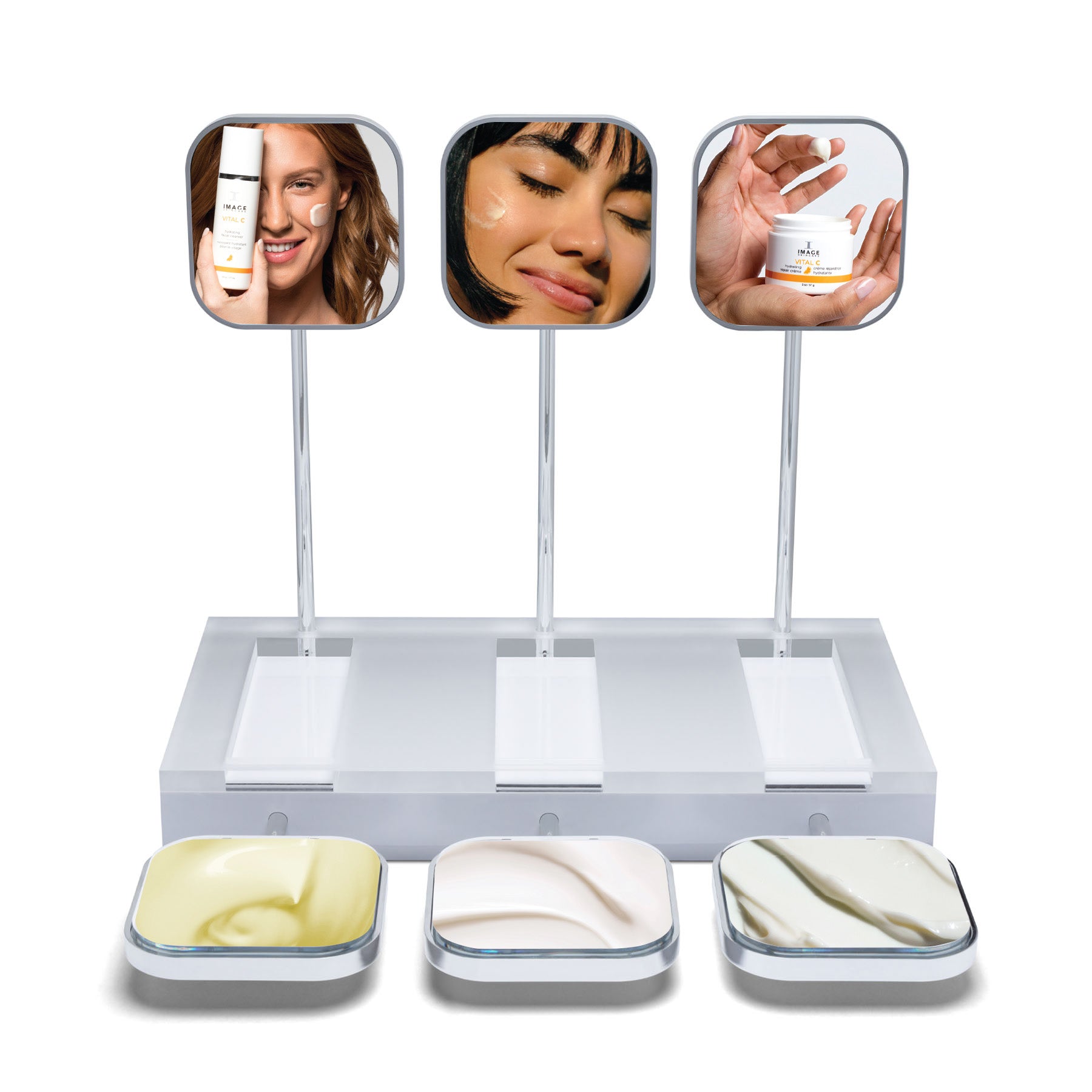 Three mirrors with LED lights on a stand, displaying a product application.