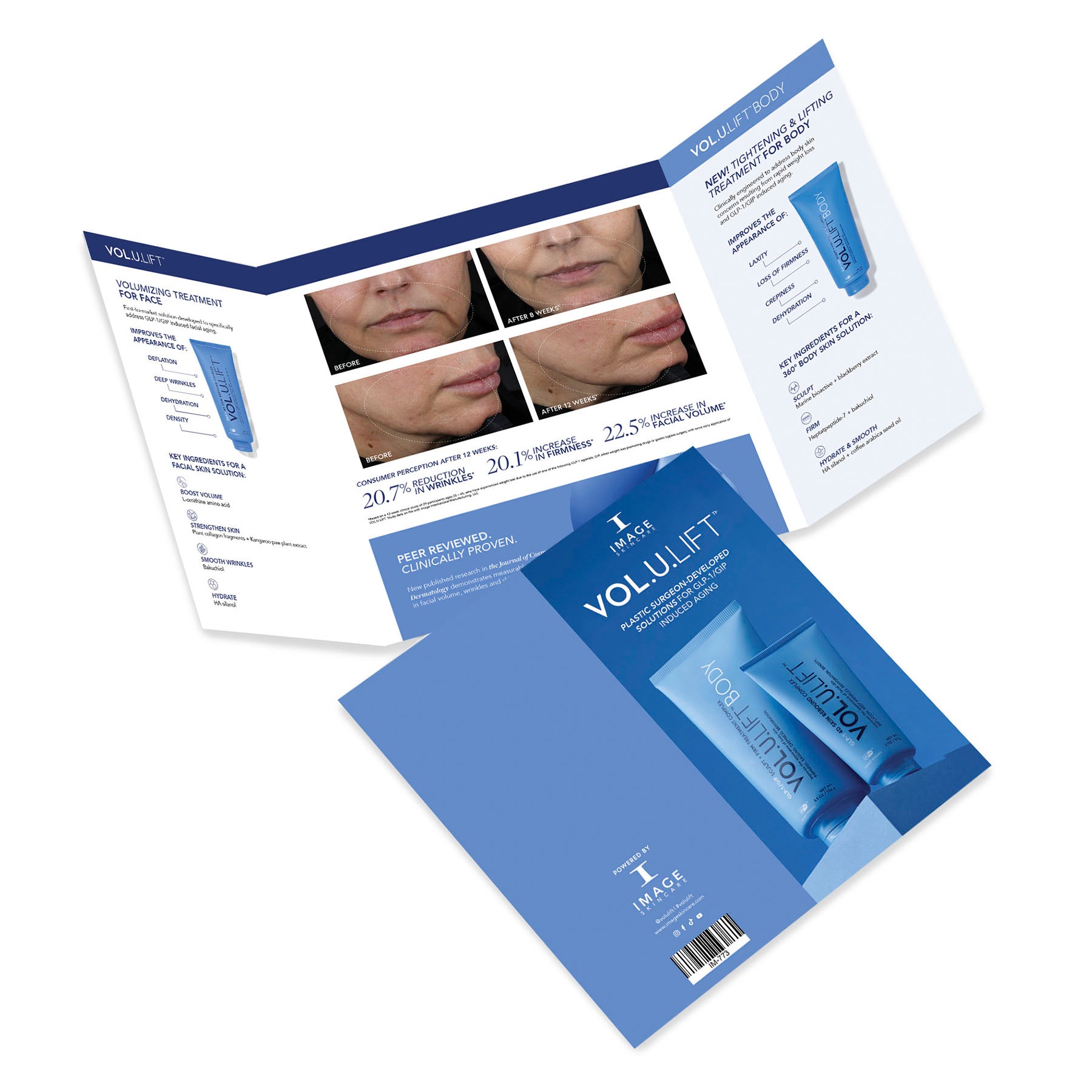 VOL.ULIFT skincare product packaging with leaflet on a white background