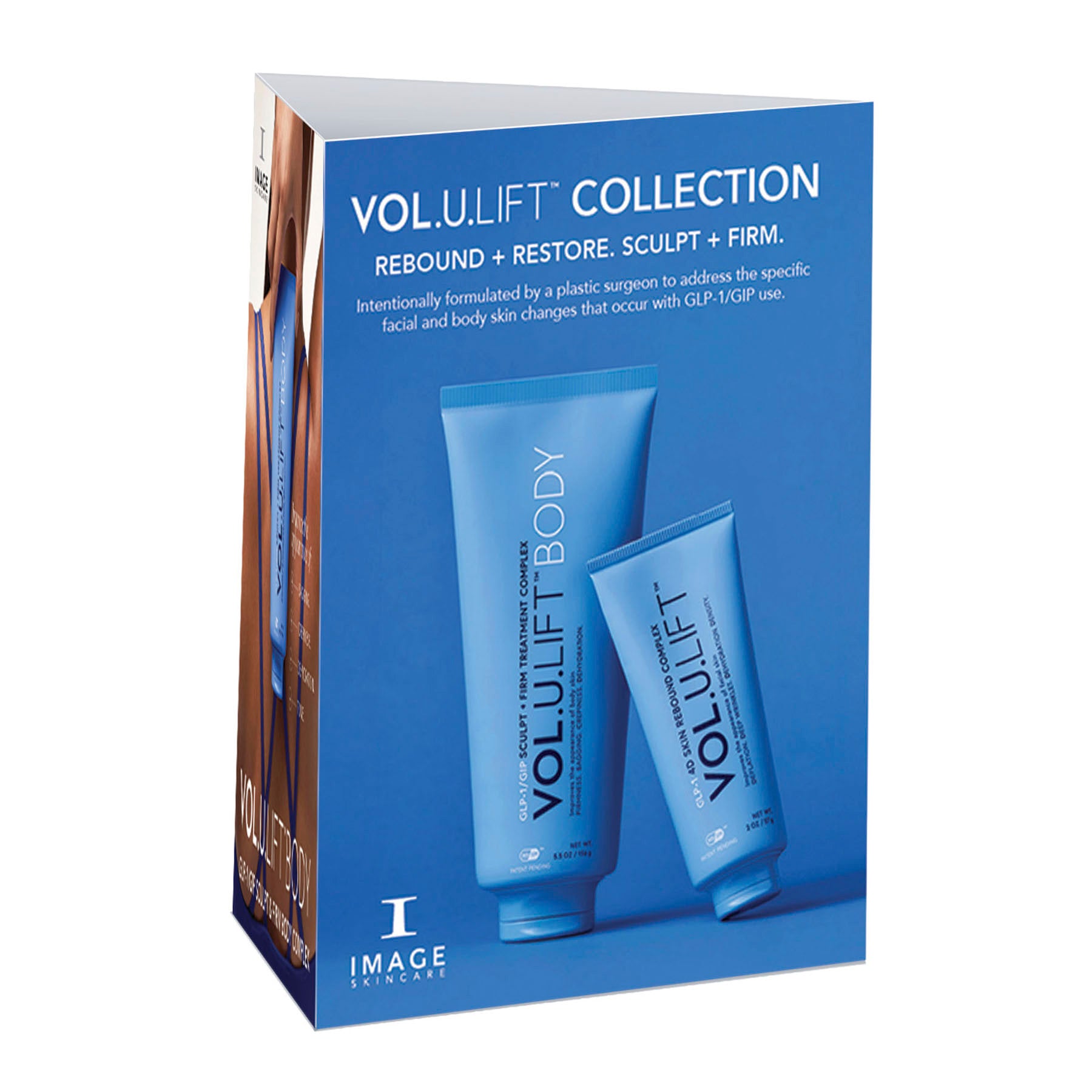 VOL.UPLIFT Collection packaging with blue tubes and white text on a white background