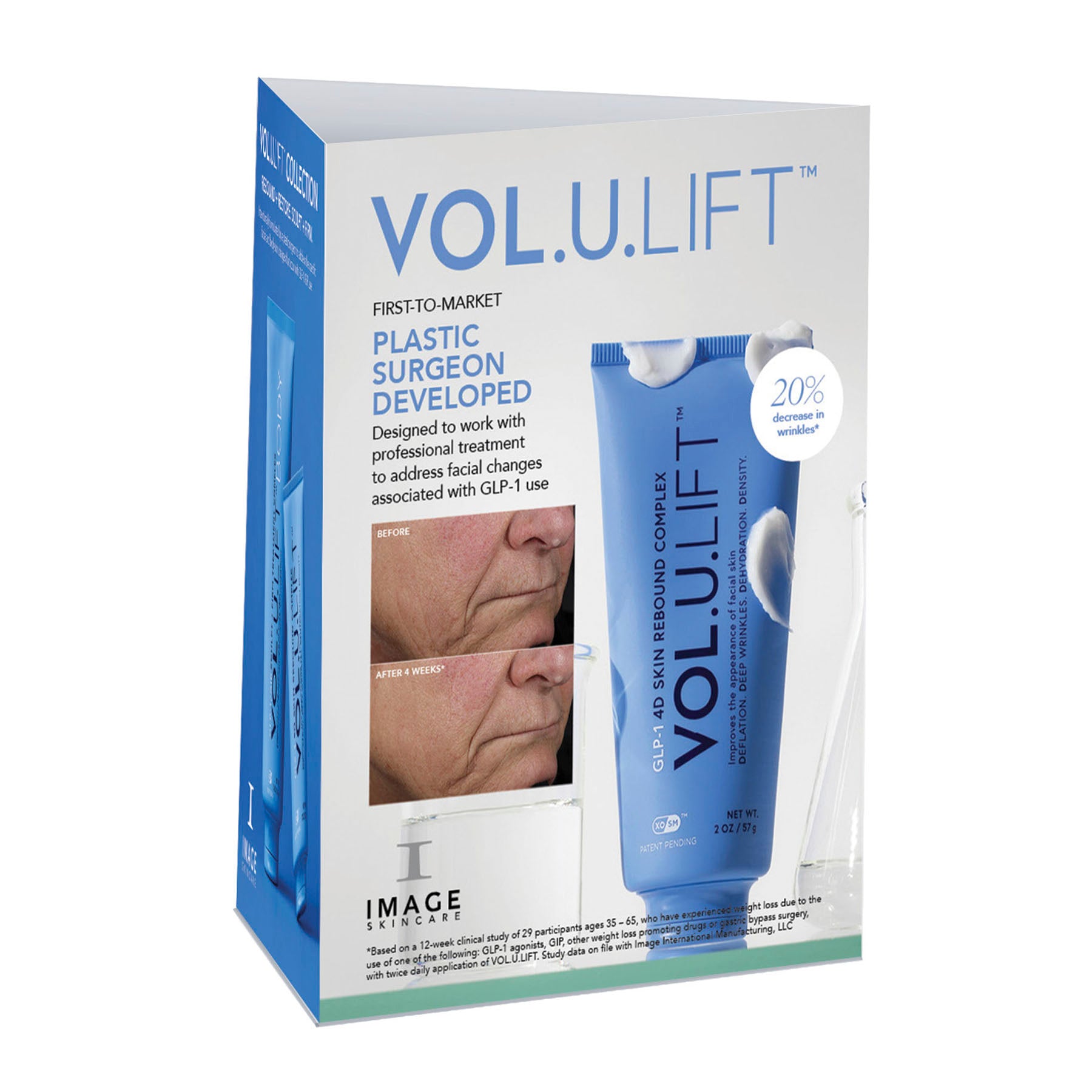 VOL.U.LIFT skincare product packaging with a blue tube and white box on a white background