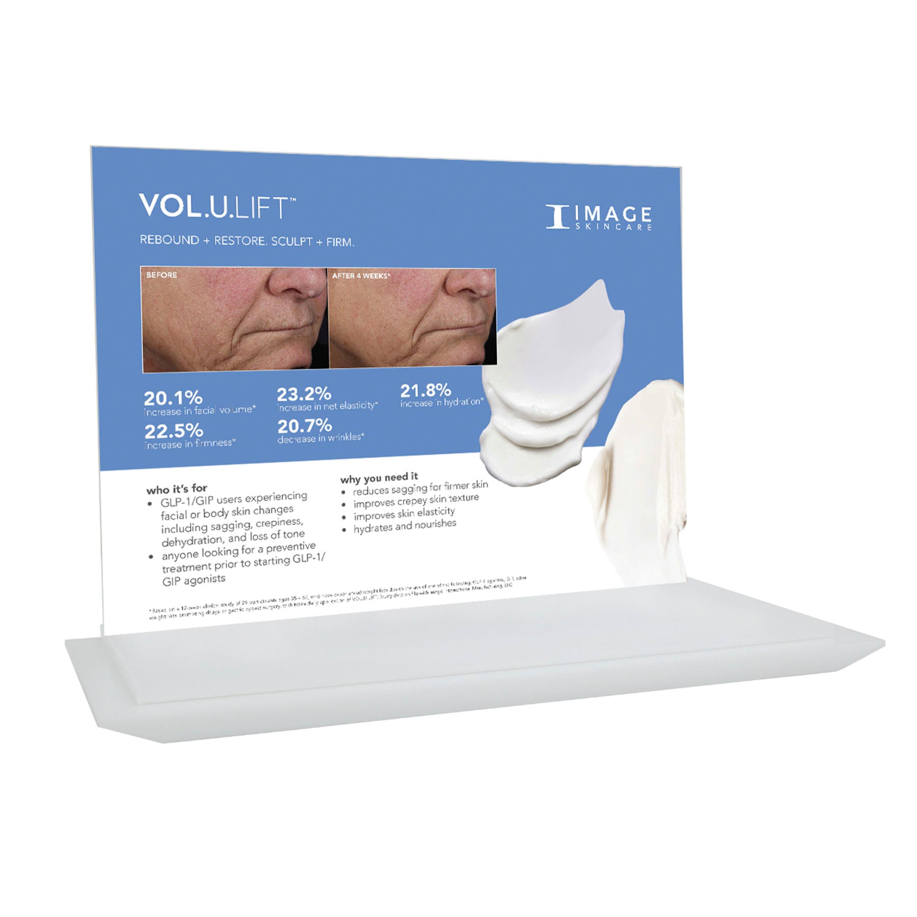 Volumizing lift product packaging with images of before and after effects on a white background.