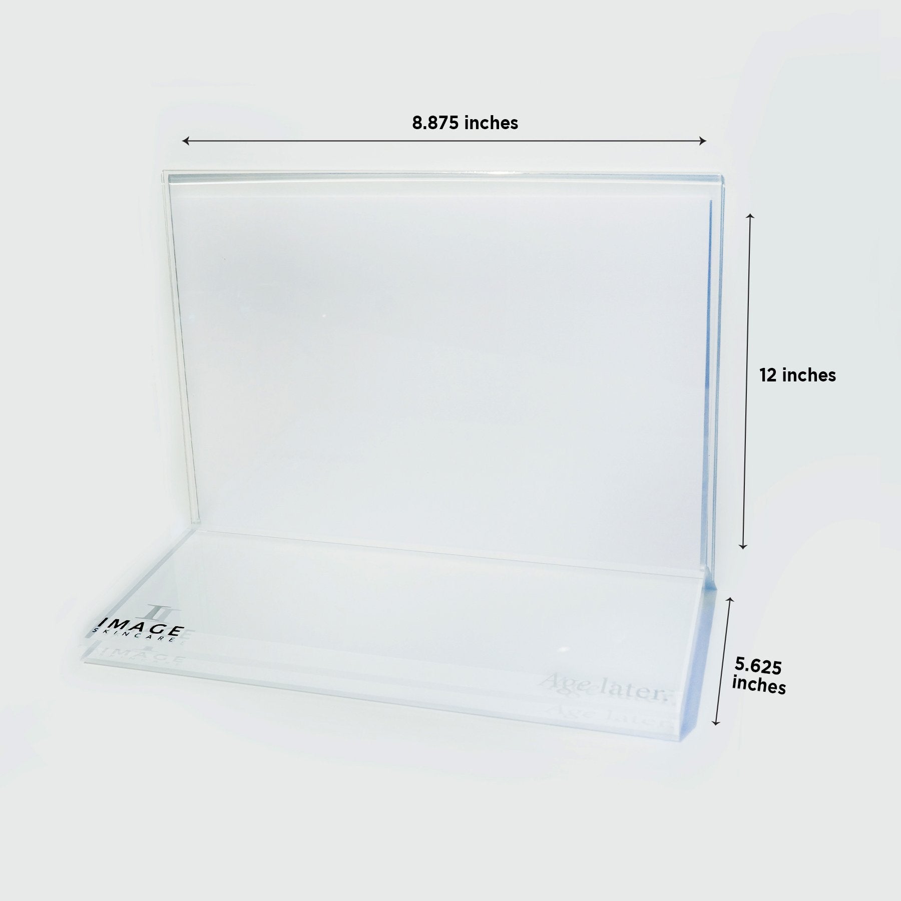 clear acrylic display on white background with dimensions shown