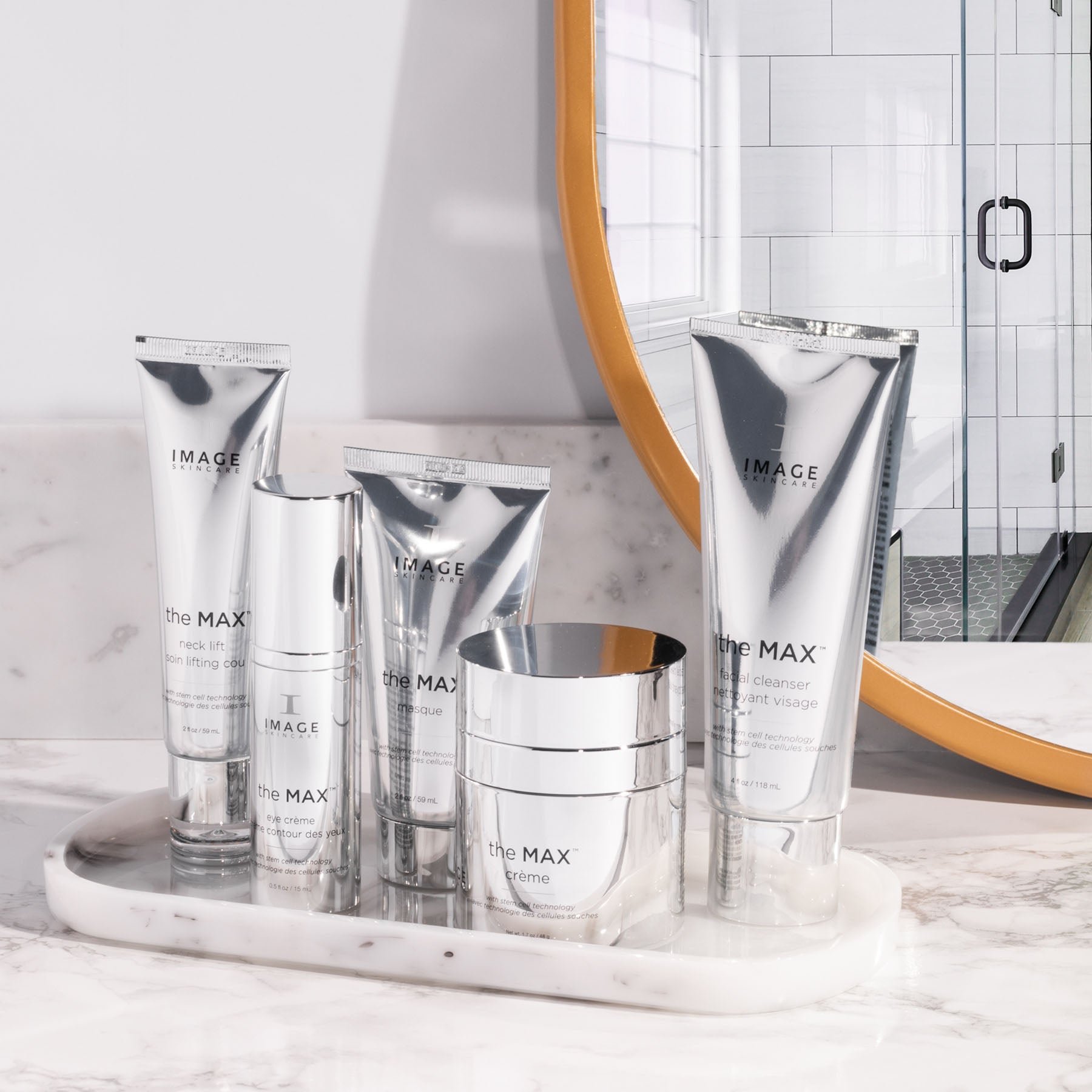 Full collection of the MAX products on tray on bathroom counter