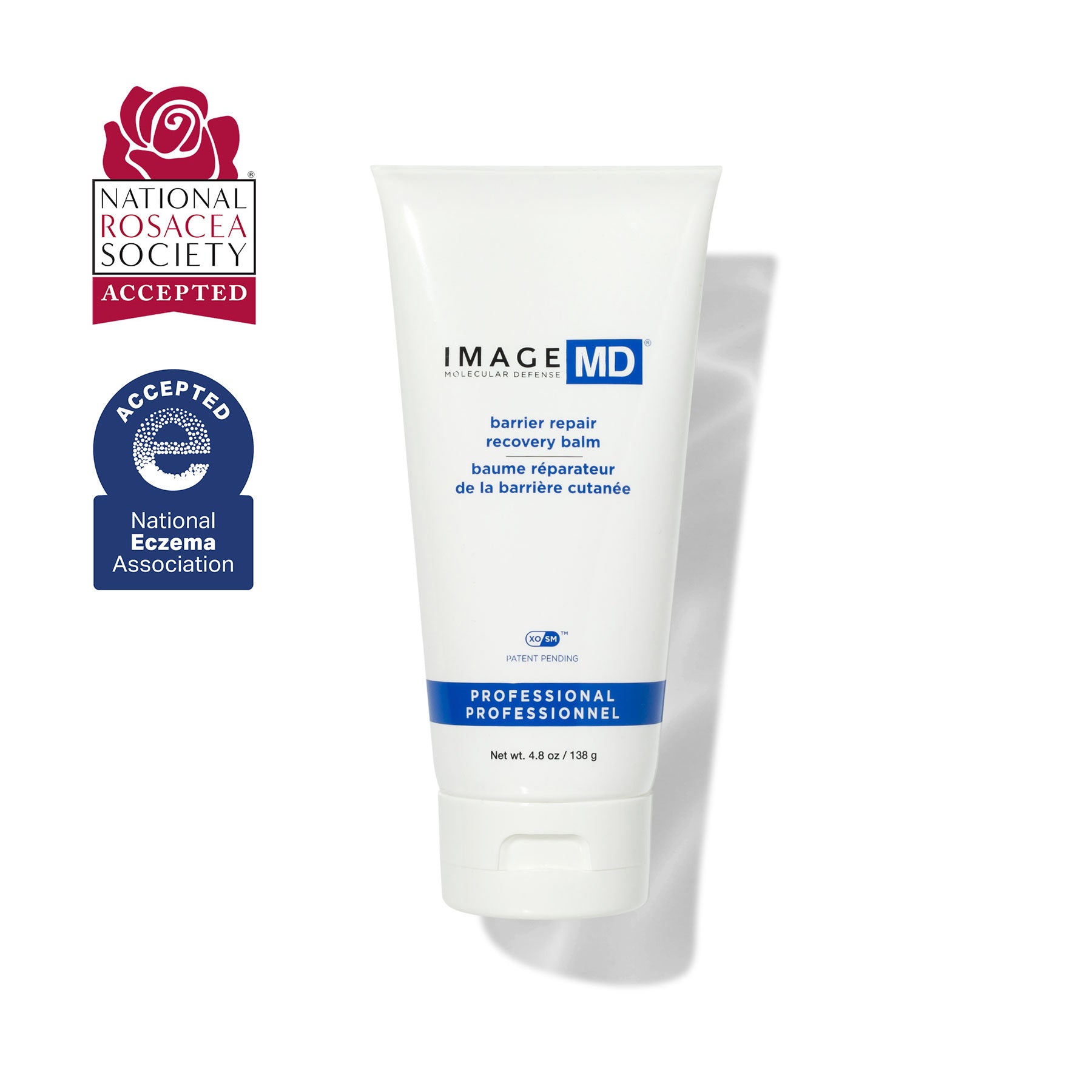 Tube of Image MD barrier repair recovery balm with certification logos on a white background