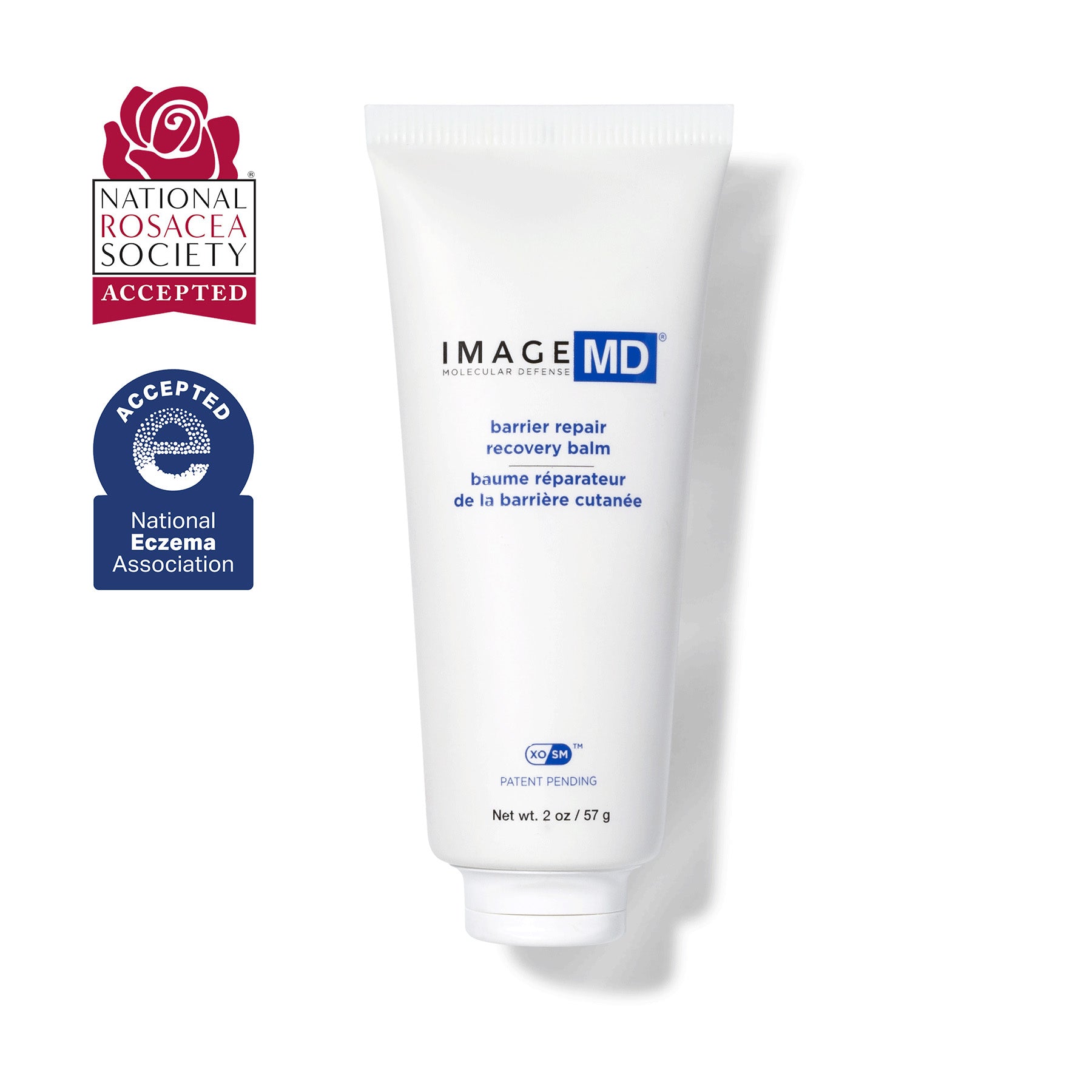 Tube of IMAGE MD barrier repair recovery balm with certification logos on a white background