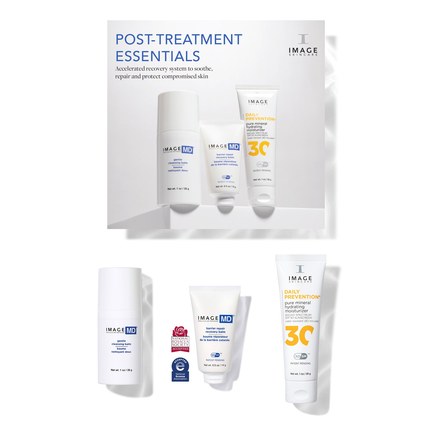Collection of IMAGE Skincare products with packaging labeled 'Post-Treatment Essentials' on a white background.