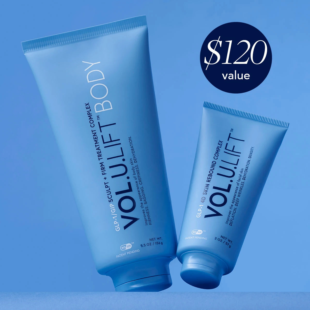 Two blue tubes of VOL.U.LIFT body treatment on a blue background with a $120 value label.