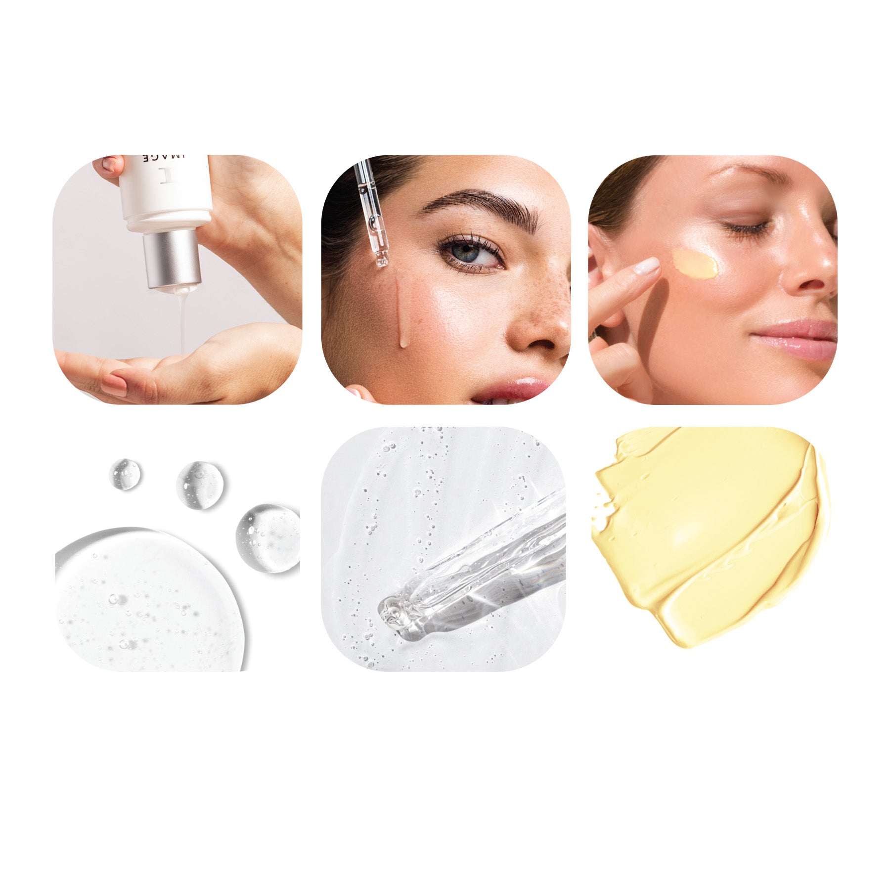 Collage of skincare products and application on a white background