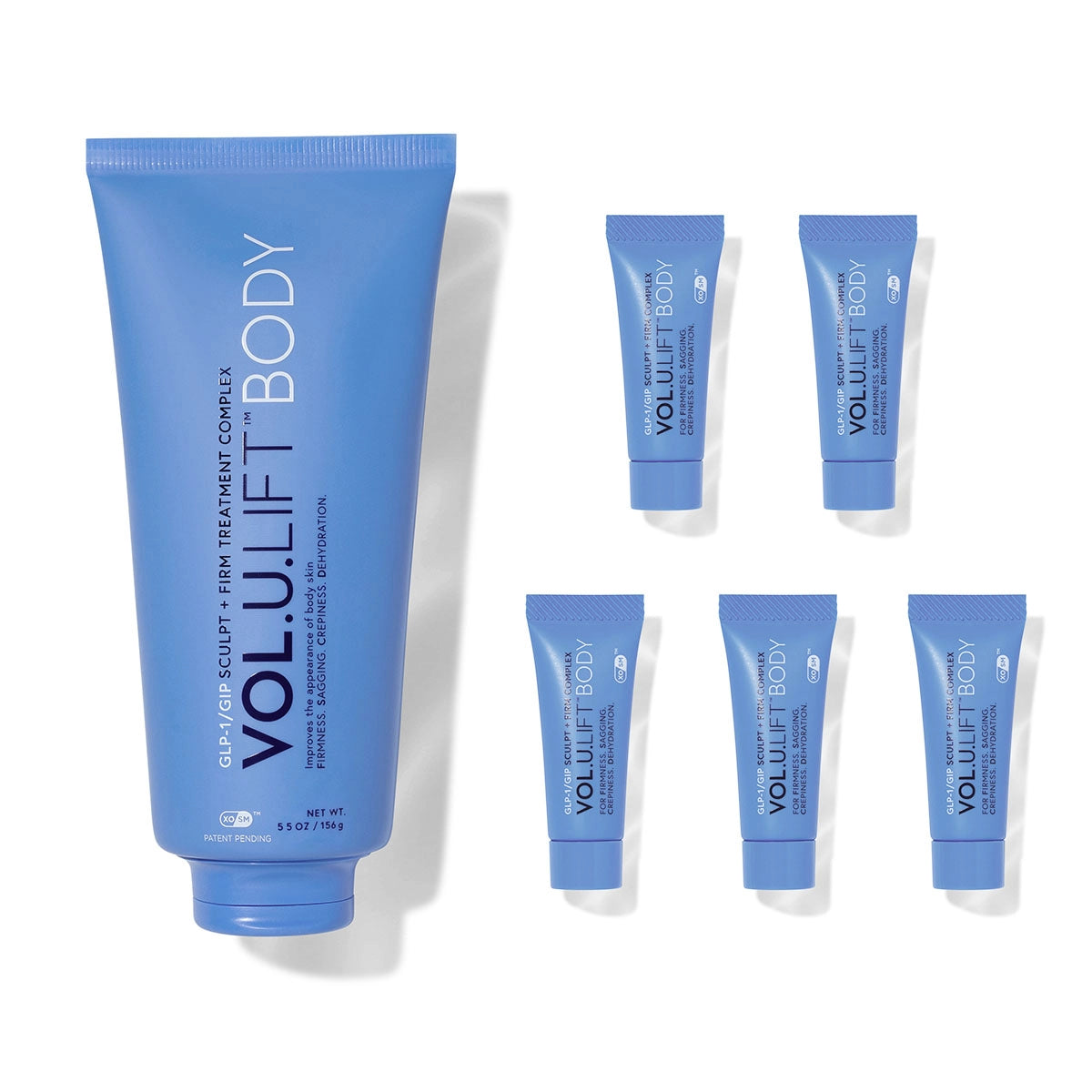 Set of blue skincare products labeled 'VOL.U.LIFT BODY' on a white background