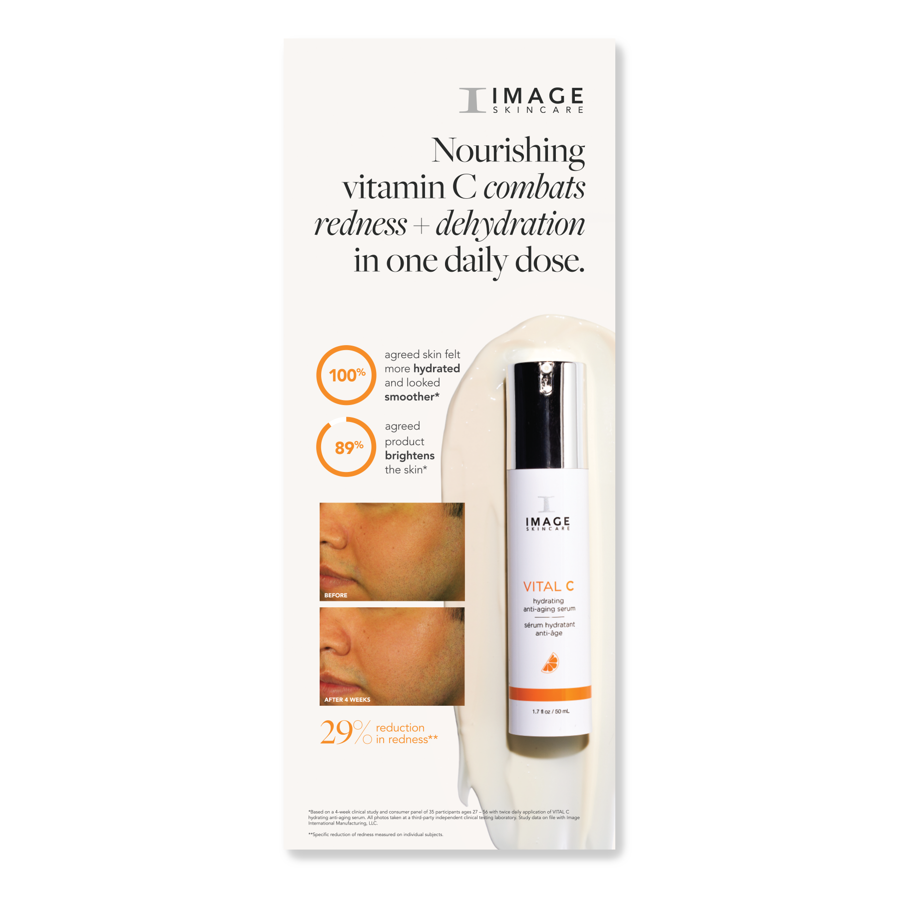 Skincare product with packaging featuring text about vitamin C benefits on a white background