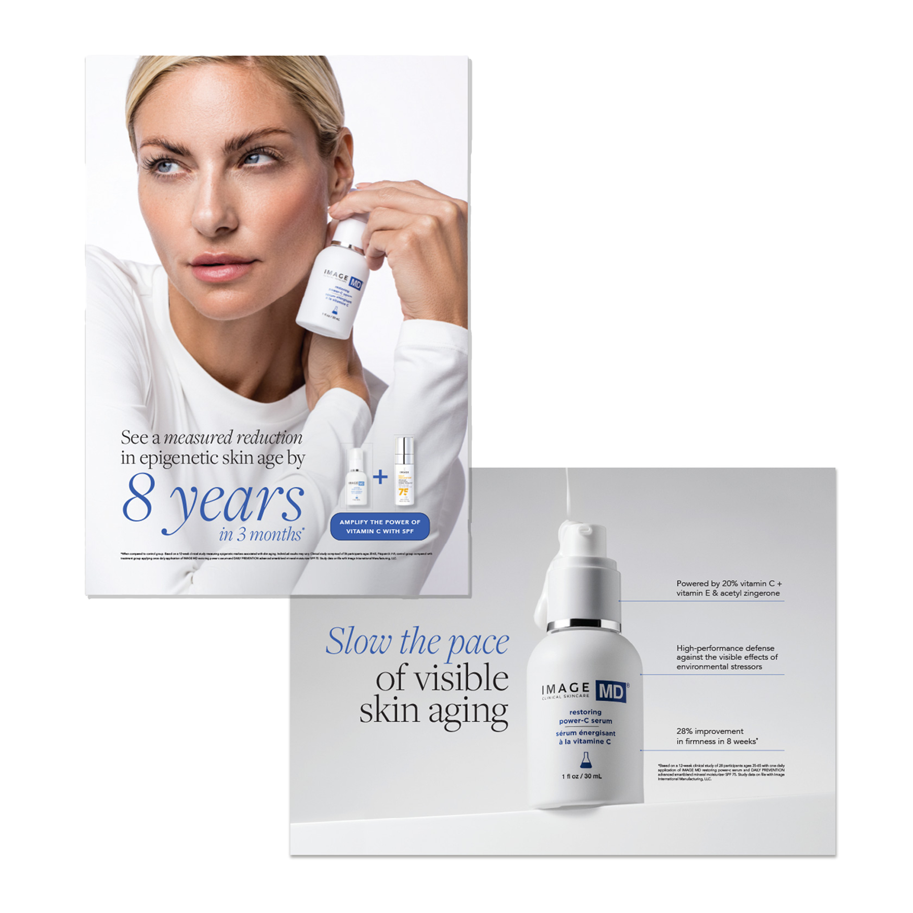 Skincare product with packaging featuring a woman holding the bottle on a white background