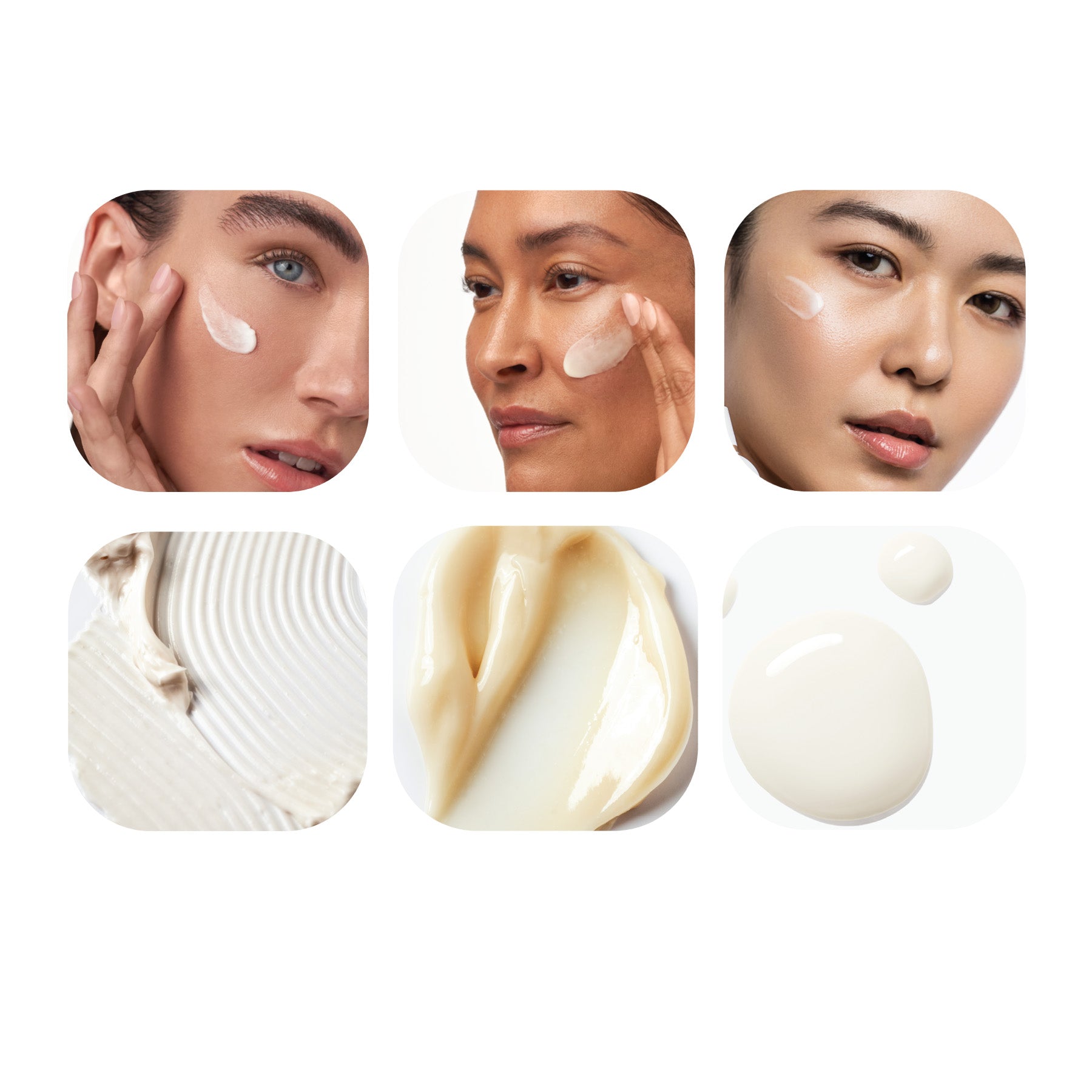 Collage of a woman applying cream to her face with close-up shots of the cream and its texture.