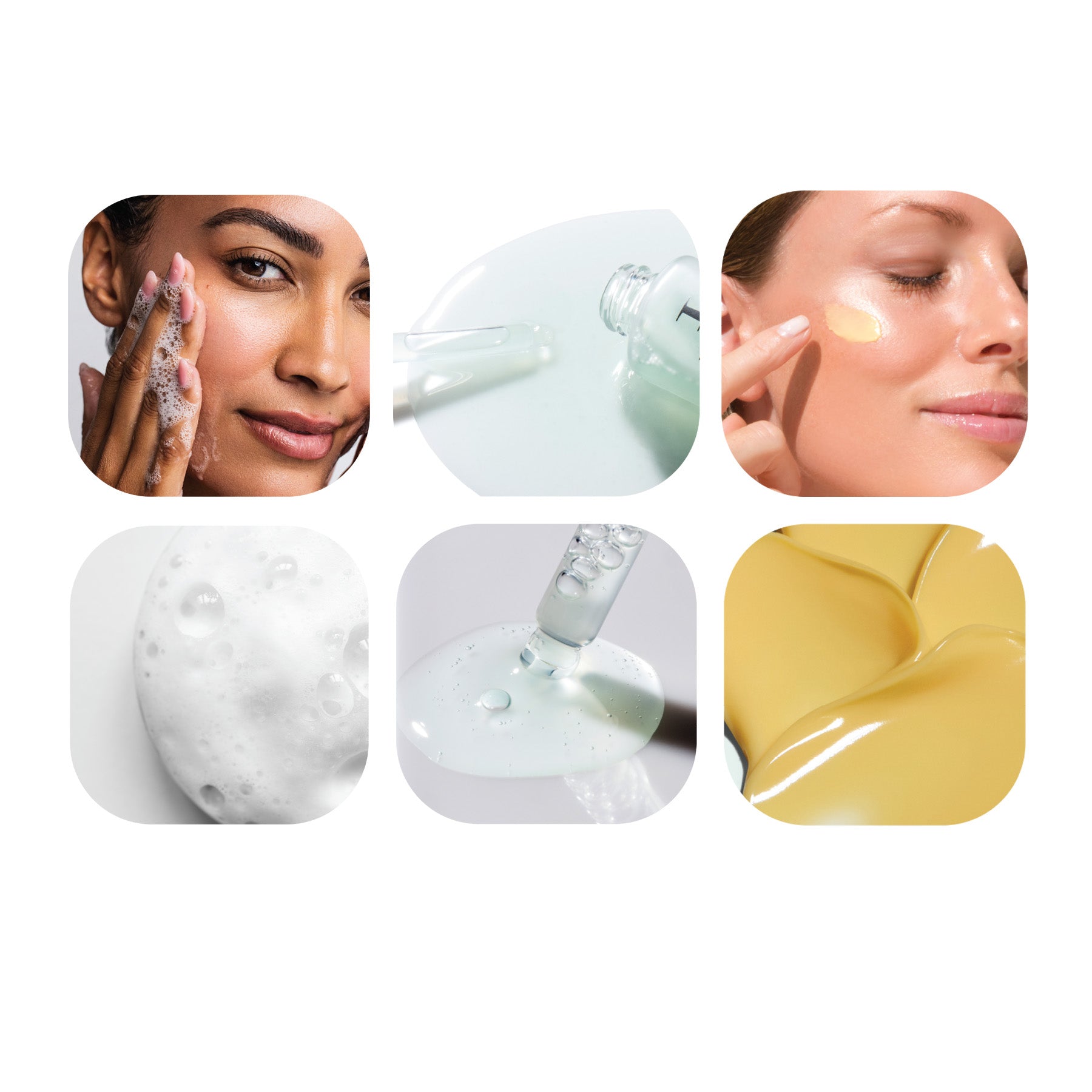 Collage of a woman applying skincare product, a dropper bottle, and close-ups of skincare products on skin.