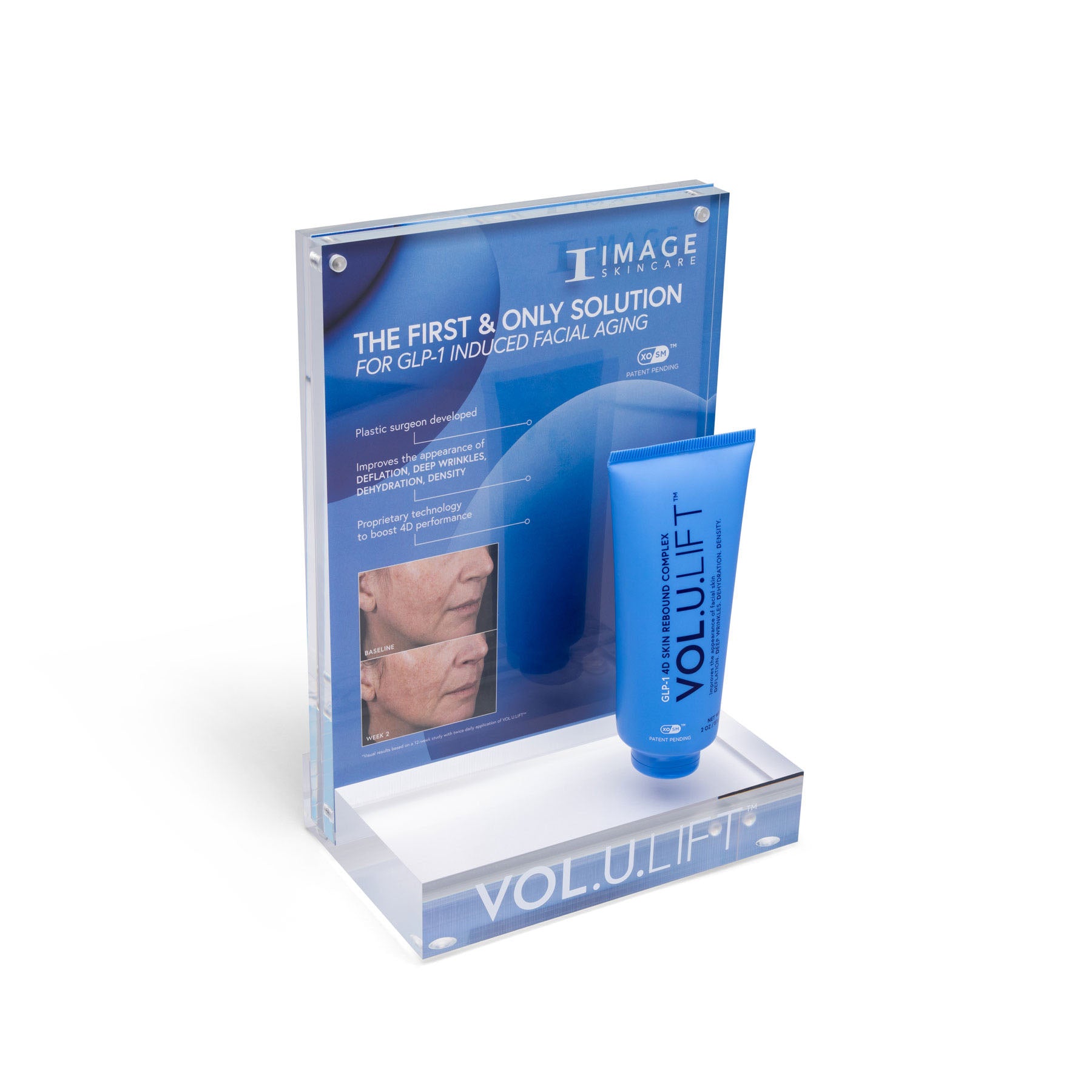 Volumizing cosmetic product with packaging on a white background