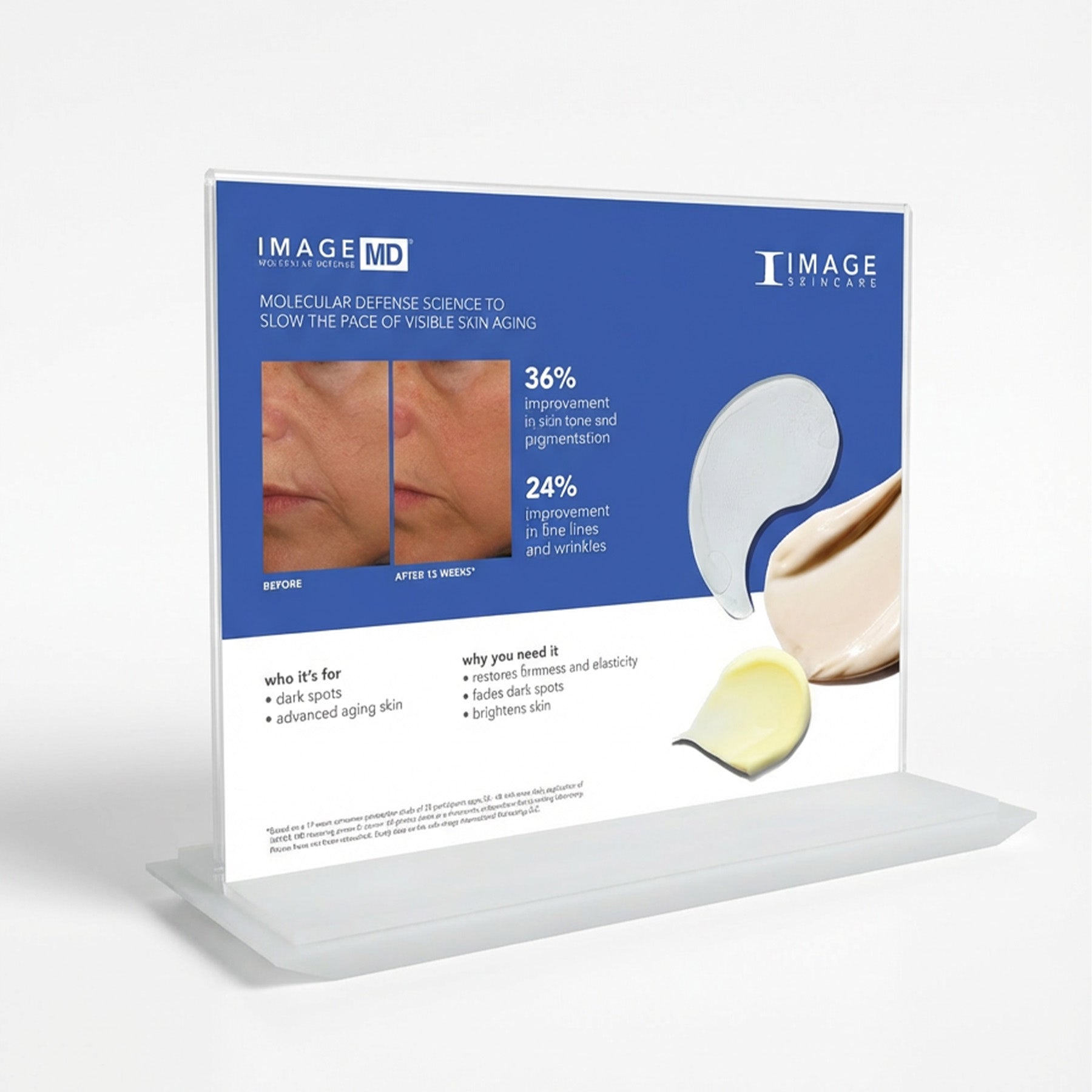 IMAGE MD skincare product display with before and after effects on a white background
