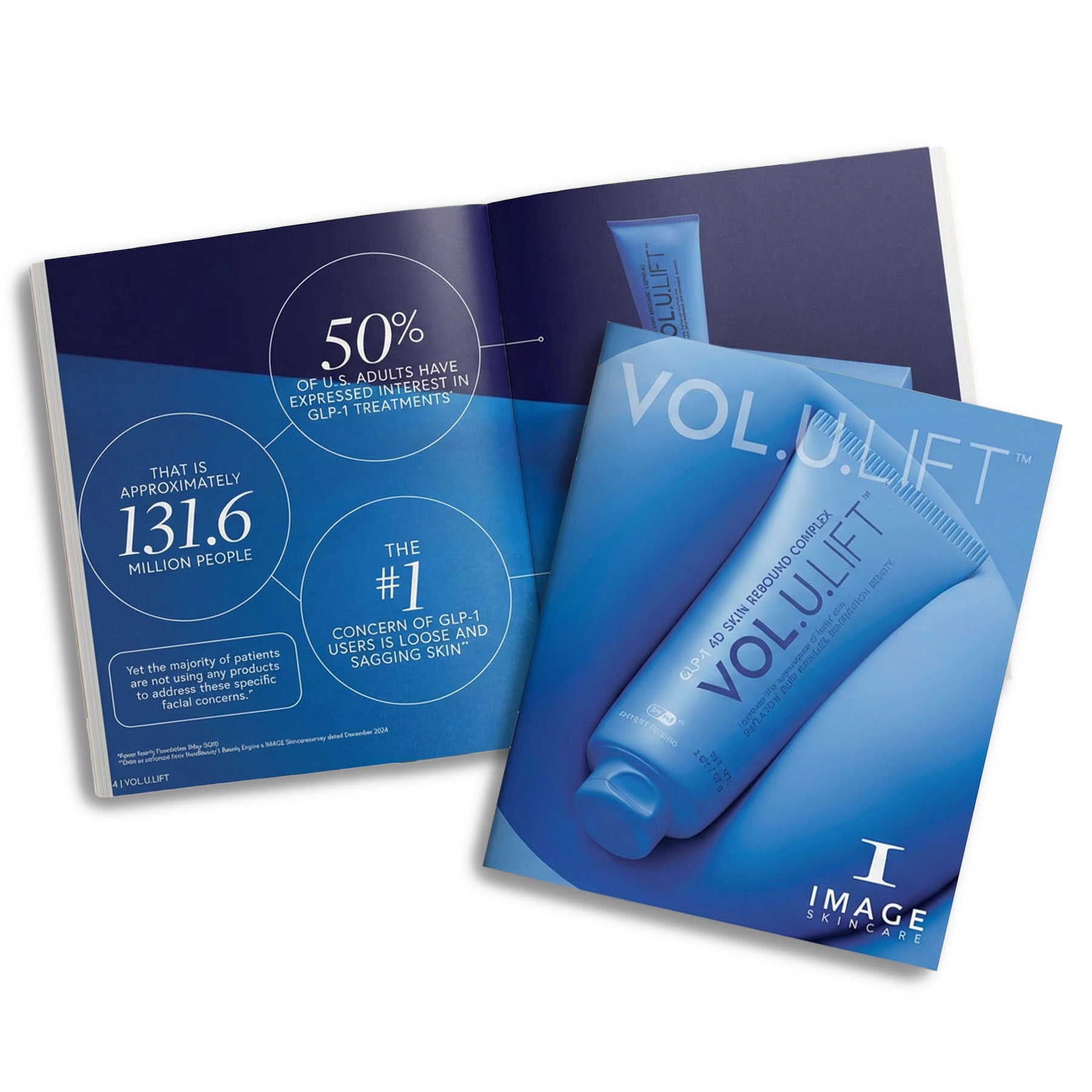 VOL.U.LIFT skincare product with promotional material on a white background