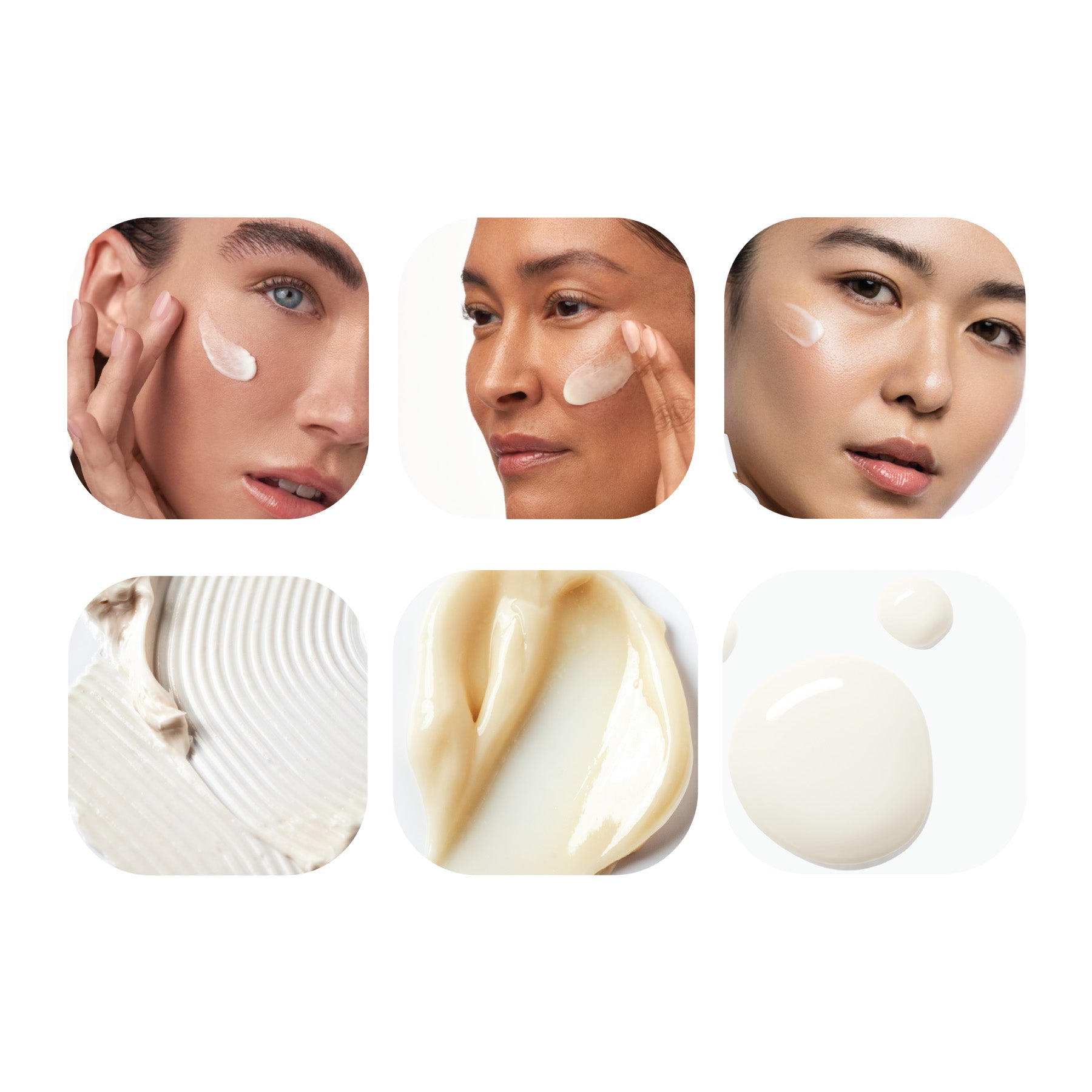 Collage of people applying cream to their faces with close-up shots of the cream.