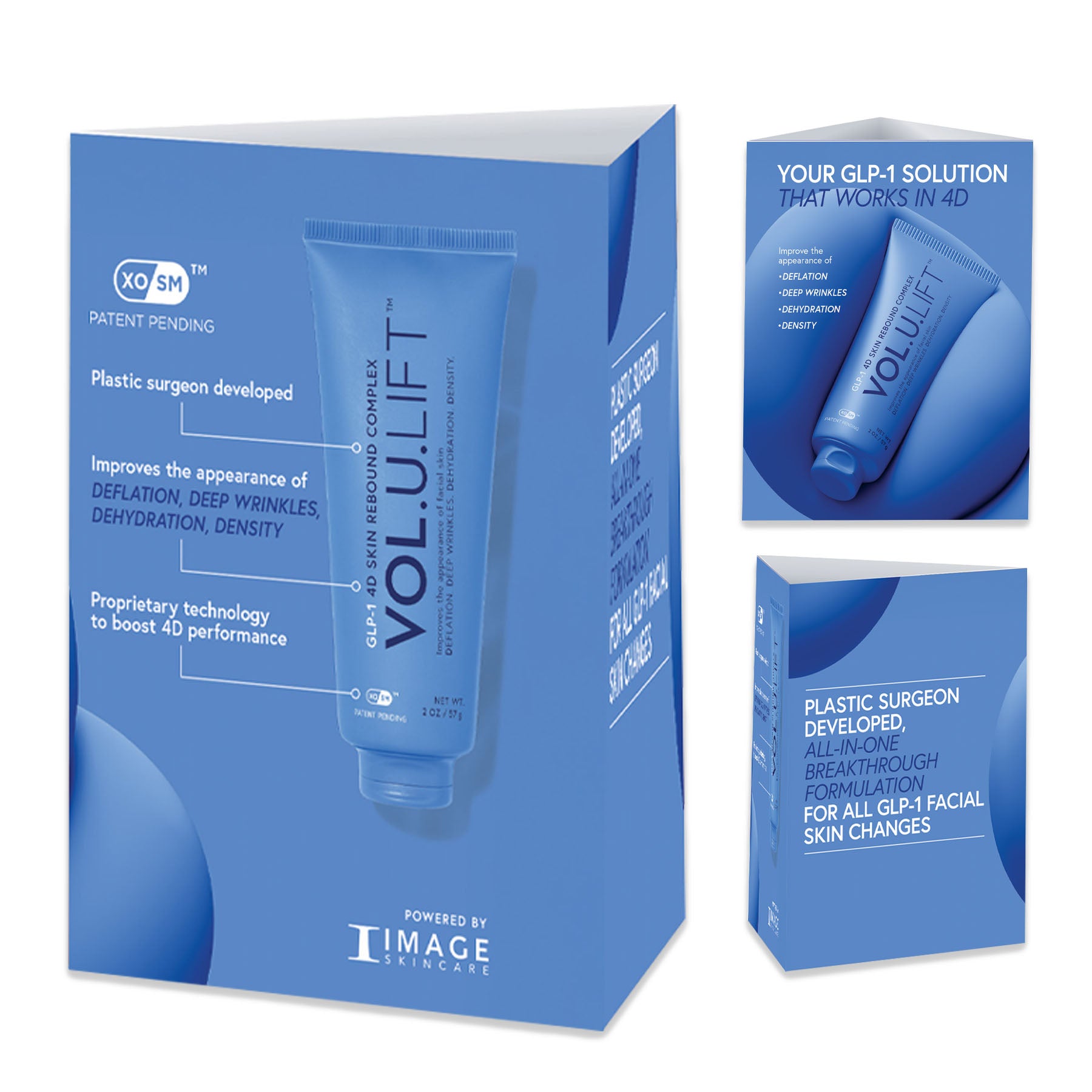 Blue packaging of VOLUFLIFT skincare product with text and branding on a white background