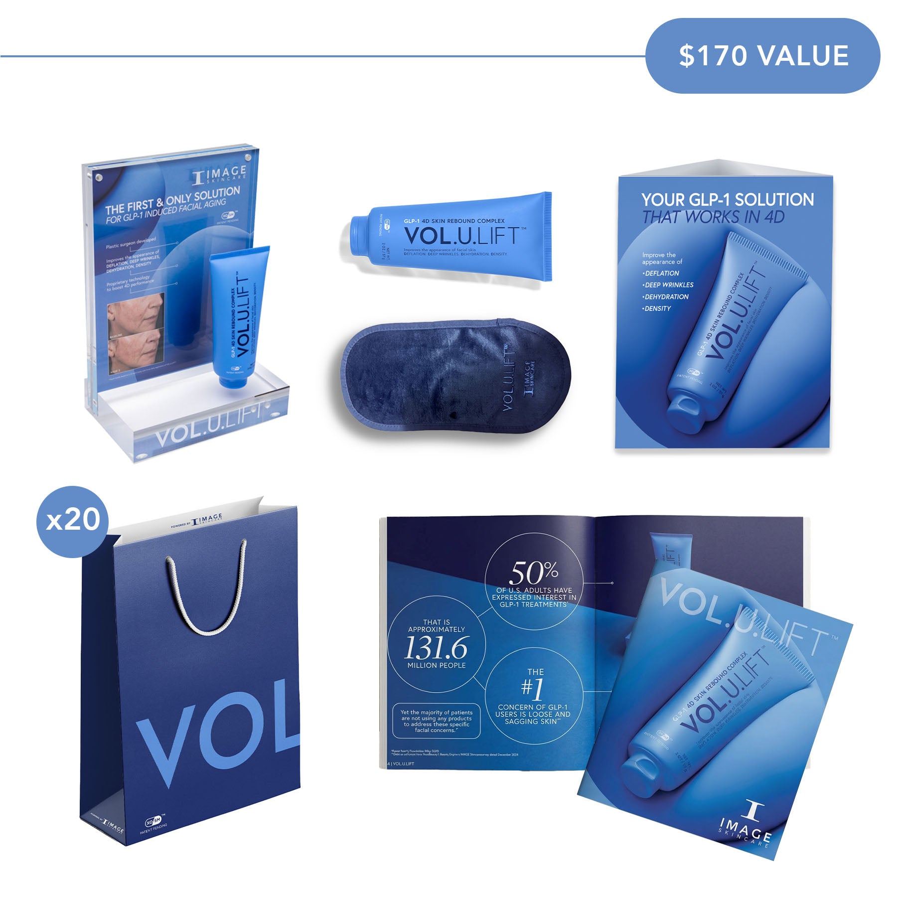 VOLUFLIFT skincare product set with packaging and a bag on a white background