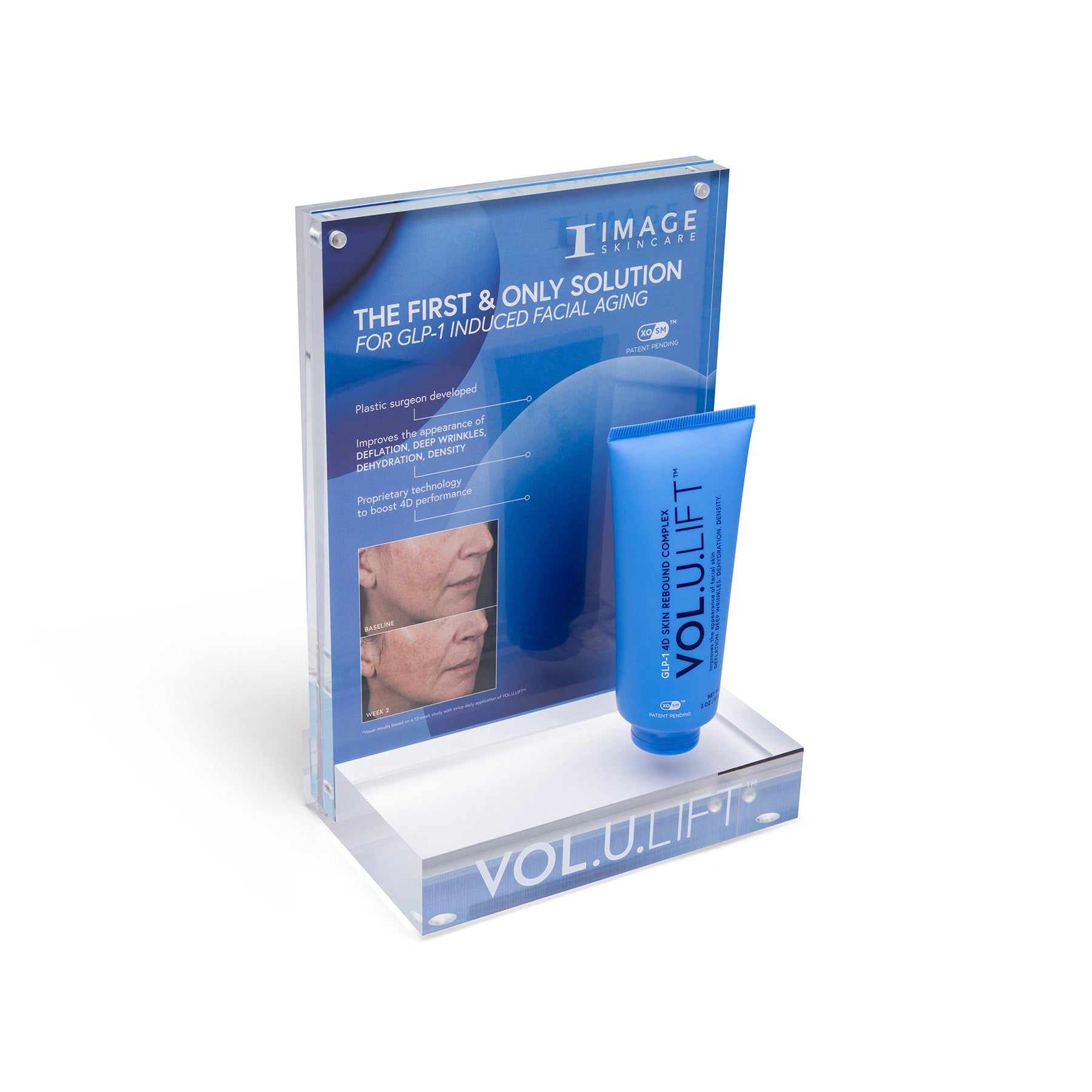 Blue skincare product with packaging on a white background