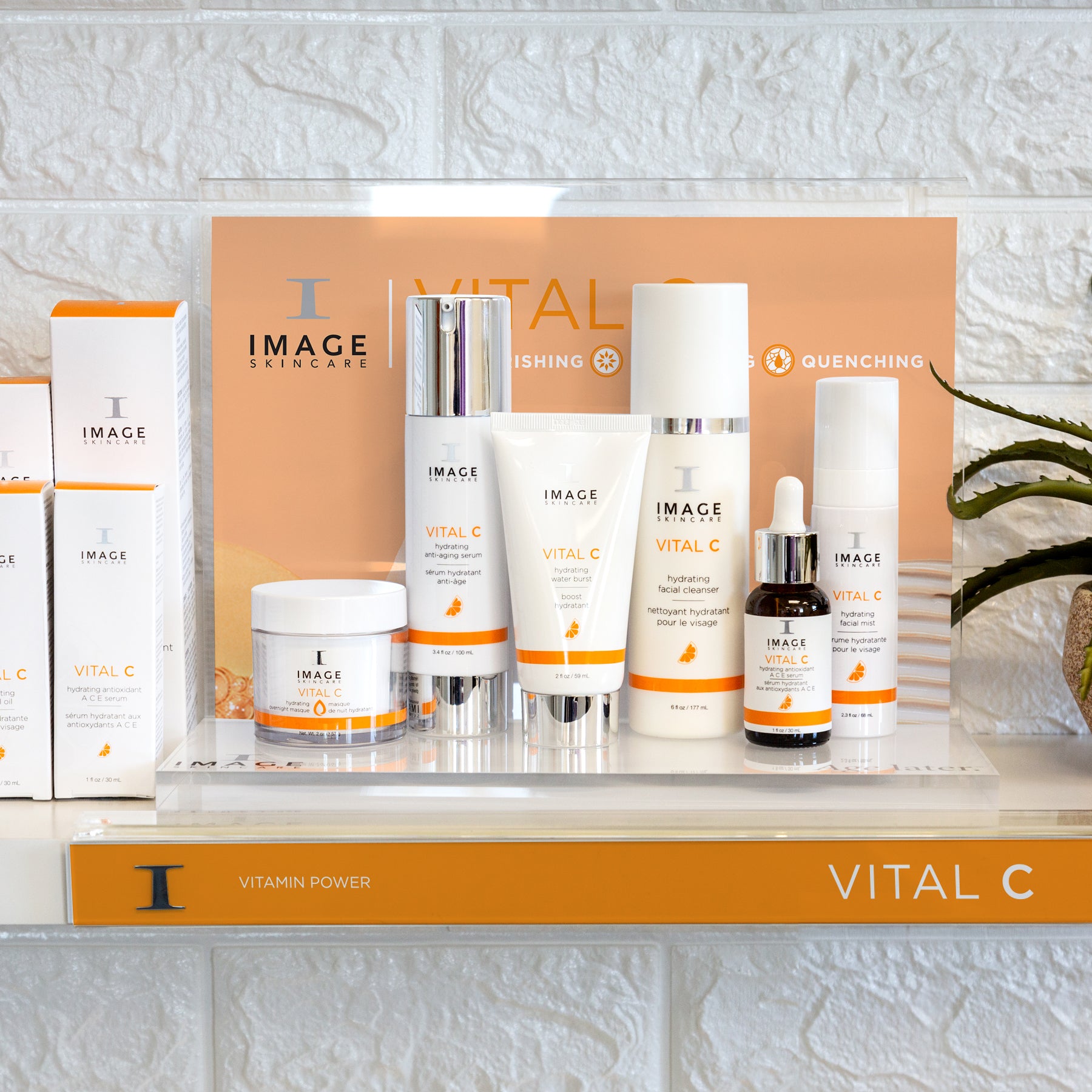 full VITAL C collection products on acrylic display stand with VITAL C flyer inside display and VITAL C product boxes next to display
